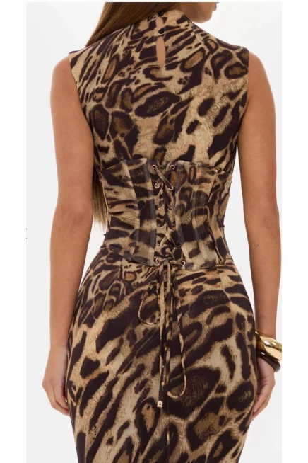 Korseli Balenli Maxi Boy Leopar Elbise