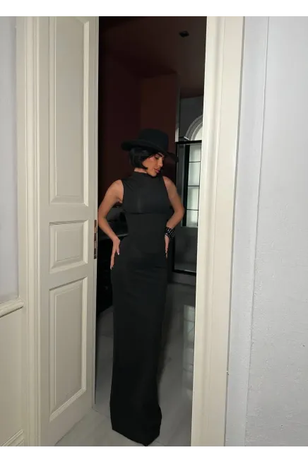 Korseli Balenli Maxi Boy Elbise Siyah