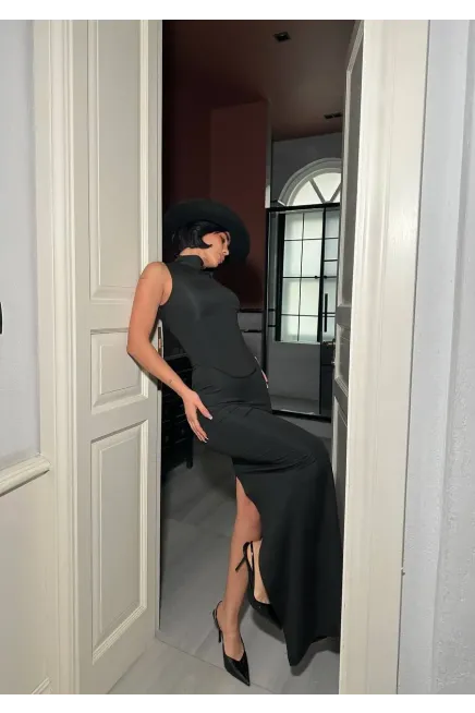 Korseli Balenli Maxi Boy Elbise Siyah