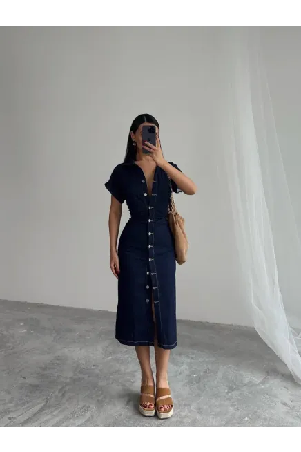 Koyu Lacivert Düğmeli Midi Boy Jean Elbise