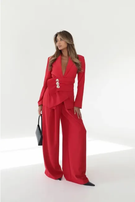Kruvaze Yaka Taş Detaylı Ceket Pantalon Premium Takım Kırmızı