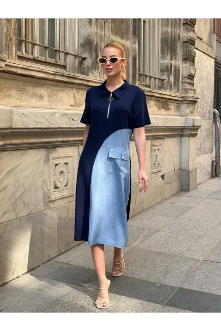 Lacivert Fermuar Detay Modal ve Tensel Kumaş Elbise