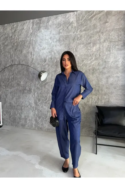 Lacivert Tensel Gömlek ve Pantalon Alt Üst Takım
