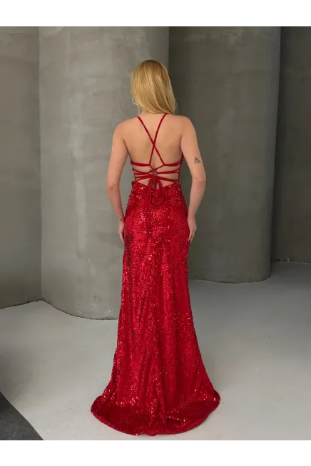 Likralı Pulpayet İşleme Dekolteli Maxi Elbise Kırmızı