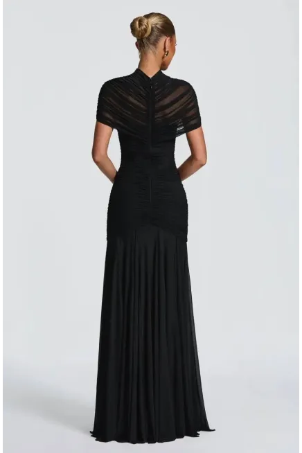 Likralı Tül Kumaş Astarlı Drape Detay Maxi Boy Elbise