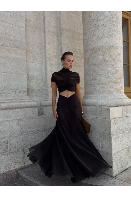 Likralı Tül Kumaş Astarlı Drape Detay Maxi Boy Elbise