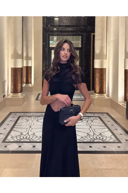 Likralı Tül Kumaş Astarlı Drape Detay Maxi Boy Elbise