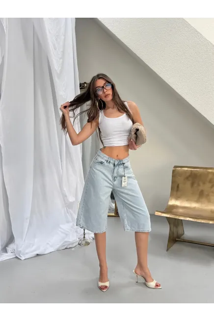 Likrasız Bermuda Jean Şort