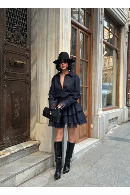 Likrasız Dantel Detaylı Denim Elbise