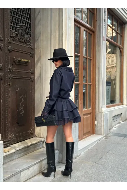 Likrasız Dantel Detaylı Denim Elbise