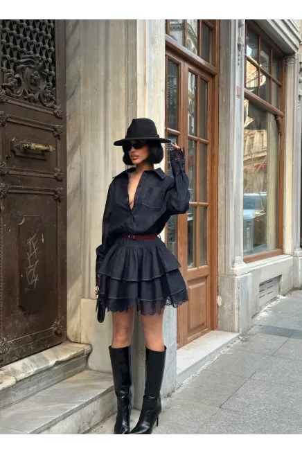 Likrasız Dantel Detaylı Denim Elbise