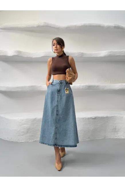 Likrasız Denim Çan Etek