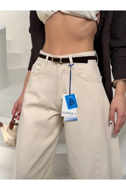 Likrasız Kemerli Balon Jean Pantalon