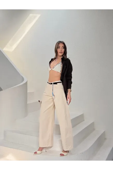 Likrasız Kemerli Balon Jean Pantalon