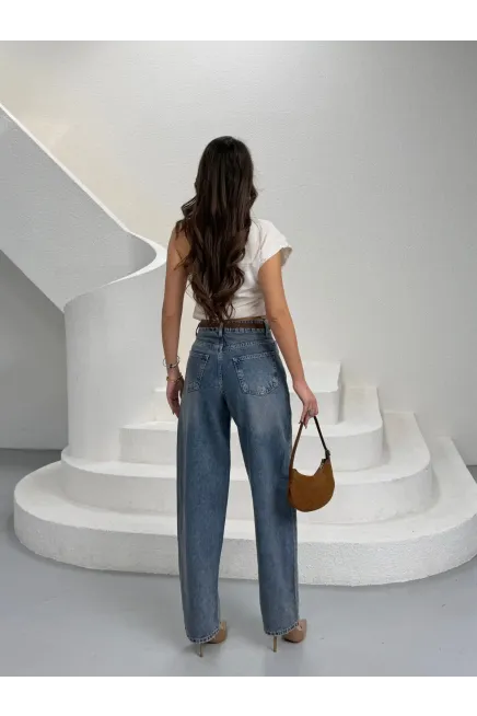 Likrasız Kemerli Balon Jeans