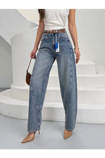 Likrasız Kemerli Balon Jeans