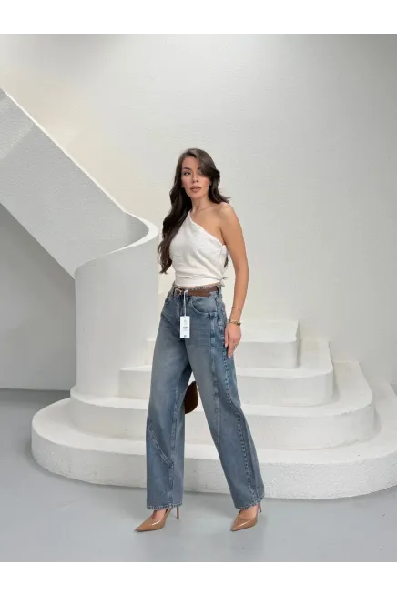 Likrasız Kemerli Balon Jeans