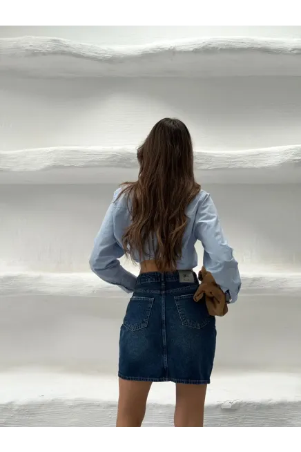 Likrasız Mini Jean Etek Mavi