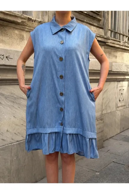 Mavi Düğmeli Tensel Elbise