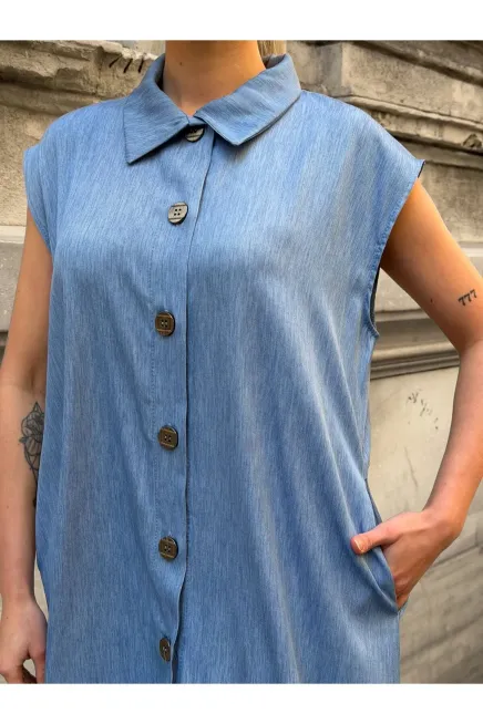 Mavi Düğmeli Tensel Elbise