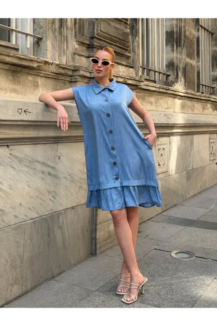 Mavi Düğmeli Tensel Elbise