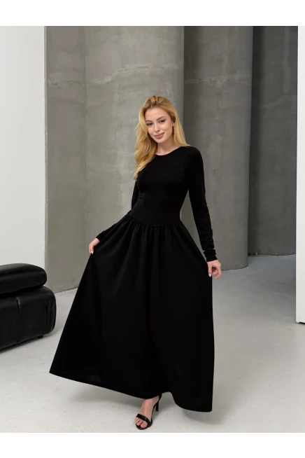 Maxi Boy Etek Kısmı Dokuma Poplin Kloş Üst Kısmı Esnek Viskon Siyah Elbise