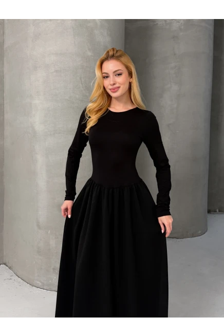 Maxi Boy Etek Kısmı Dokuma Poplin Kloş Üst Kısmı Esnek Viskon Siyah Elbise