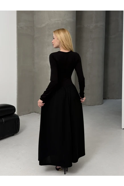 Maxi Boy Etek Kısmı Dokuma Poplin Kloş Üst Kısmı Esnek Viskon Siyah Elbise