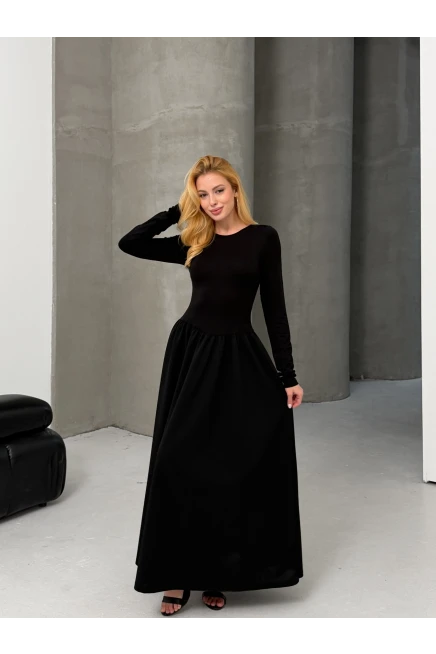 Maxi Boy Etek Kısmı Dokuma Poplin Kloş Üst Kısmı Esnek Viskon Siyah Elbise