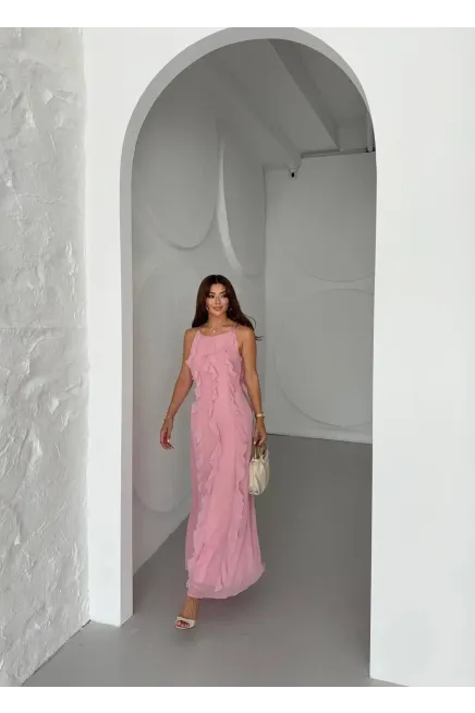 Maxi Boy Fırfır Detaylı Şifon Elbise