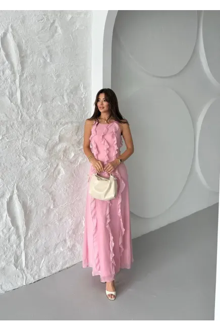 Maxi Boy Fırfır Detaylı Şifon Elbise