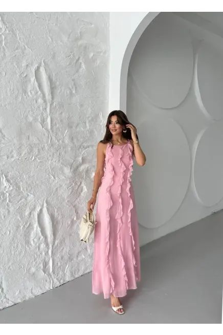 Maxi Boy Fırfır Detaylı Şifon Elbise