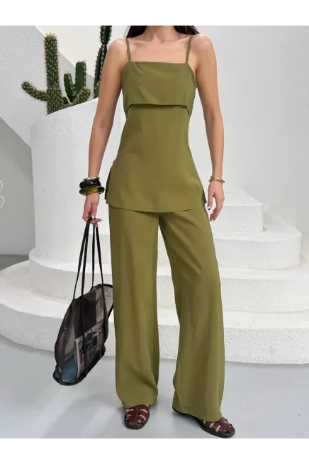 Modal Kumaş Askılı Bluz Alt Üst Takım Haki