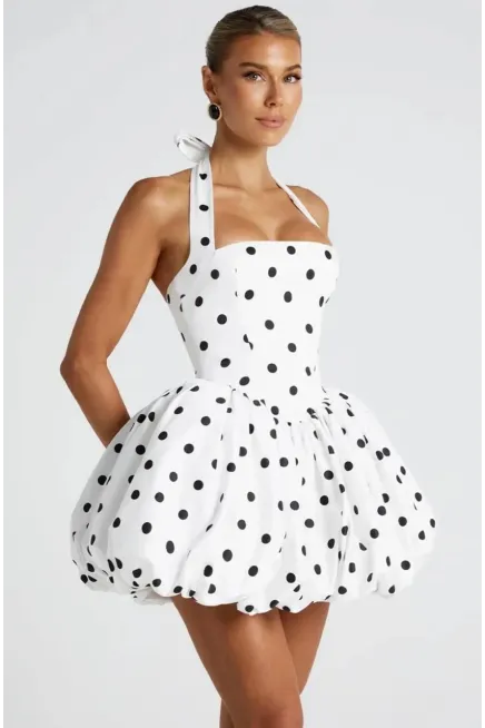 Modal Kumaş Astarlı Gipe Detay Puantiye Baskılı Mini Balon Elbise