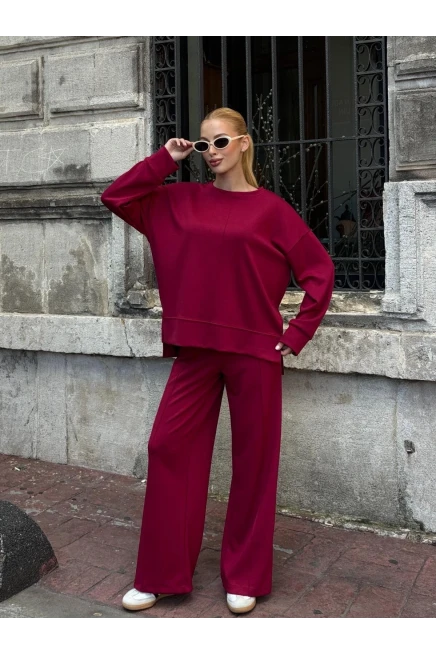 Modal Kumaş Bordo Oversize Sweat İkili Takım