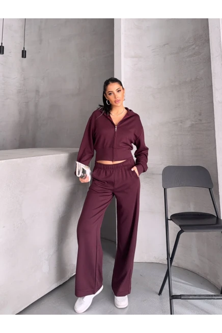 Modal Kumaş Crop Üst Eşofman Takım Bordo