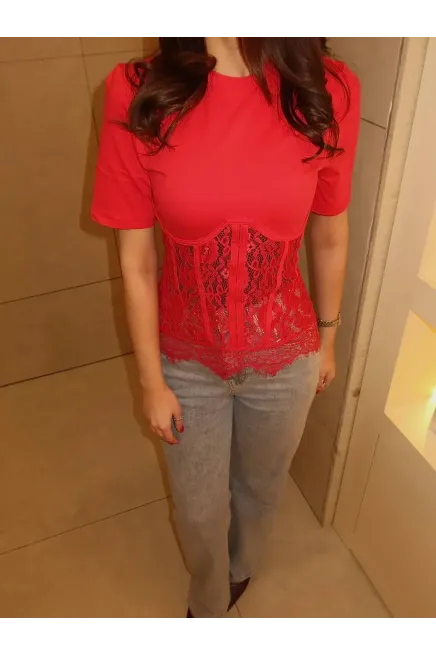 Modal Kumaş Dantel Detay Sırt Bağlamalı Bluz