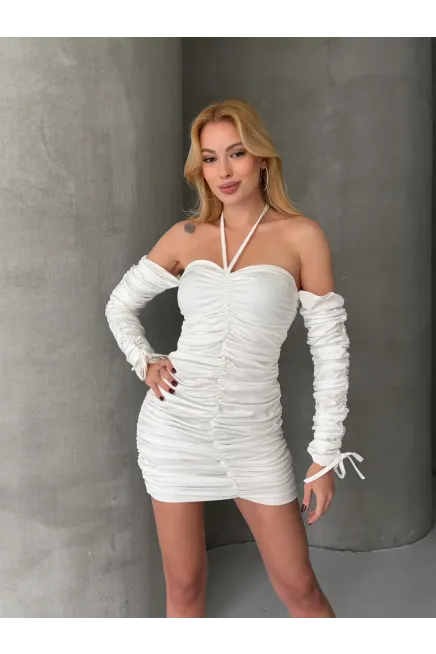 Modal Kumaş Drape Detaylı Mini Elbise Beyaz