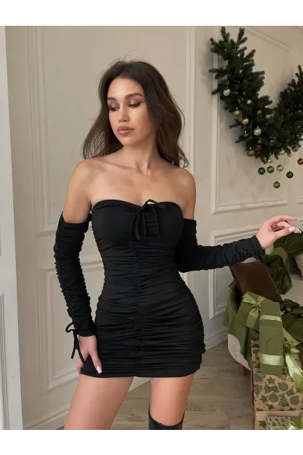 Modal Kumaş Drape Detaylı Mini Elbise Siyah