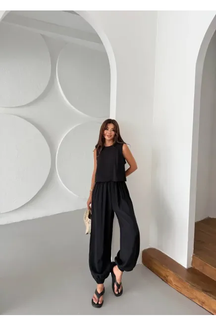Modal Kumaş Kolsuz Bluz Şalvar Pantalon Alt Üst Takım Siyah