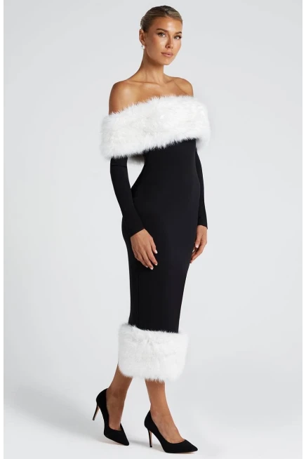 Modal Kumaş Kürk Detaylı Maxi Elbise