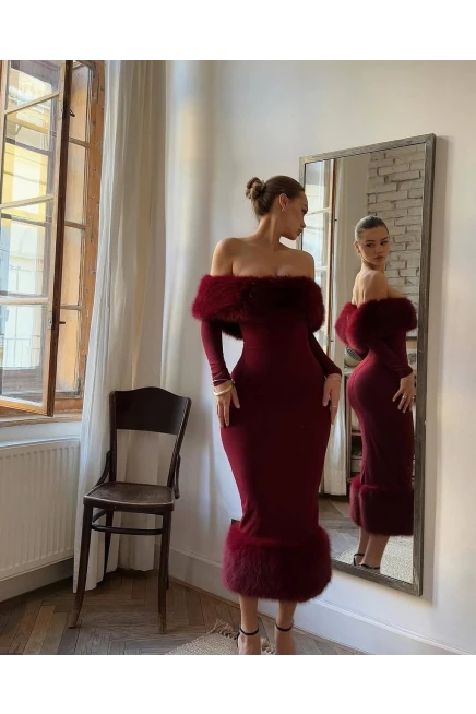 Modal Kumaş Kürk Detaylı Maxi Elbise ÖN SİPARİŞ