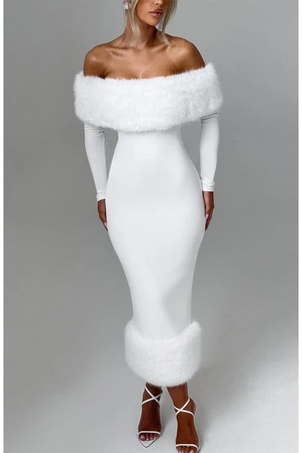 Modal Kumaş Kürk Detaylı Maxi Elbise Beyaz