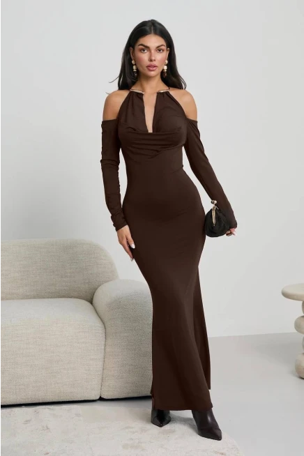 Modal Kumaş Likralı Aksesuar Detay Maxi Elbise