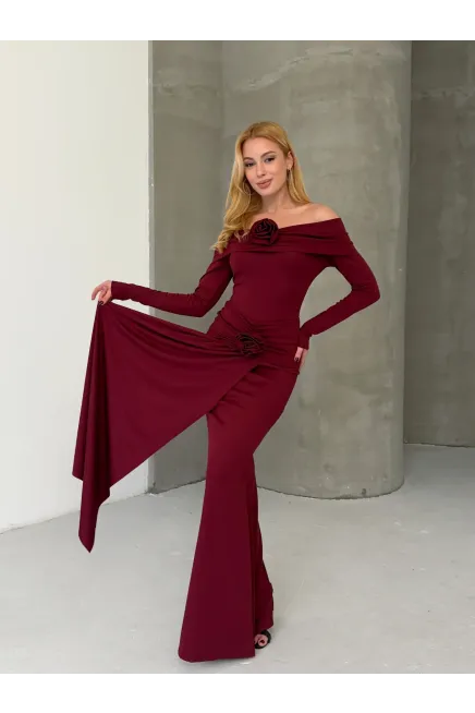 Modal Kumaş Likralı Çiçek Aksesuarlı Maxi Boy Elbise Bordo