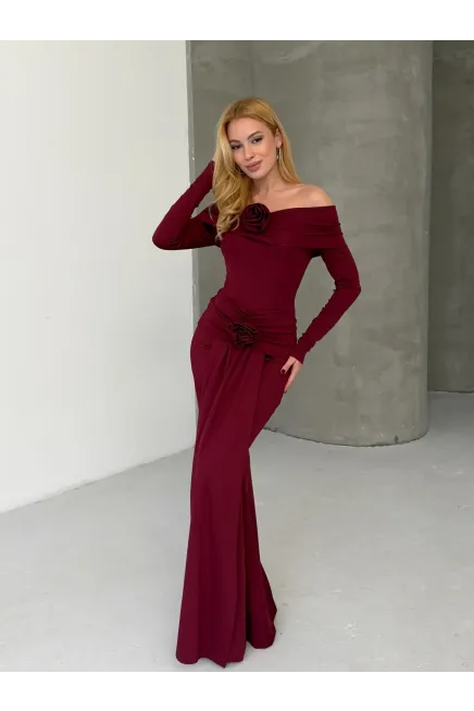 Modal Kumaş Likralı Çiçek Aksesuarlı Maxi Boy Elbise Bordo