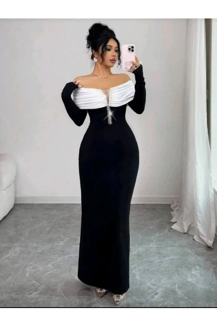 Modal Kumaş Likralı İnci Detaylı Maxi Boy Elbise