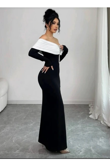 Modal Kumaş Likralı İnci Detaylı Maxi Boy Elbise