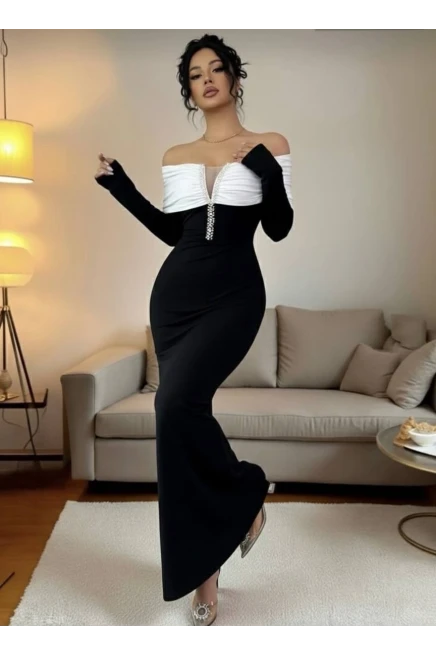 Modal Kumaş Likralı İnci Detaylı Maxi Boy Elbise