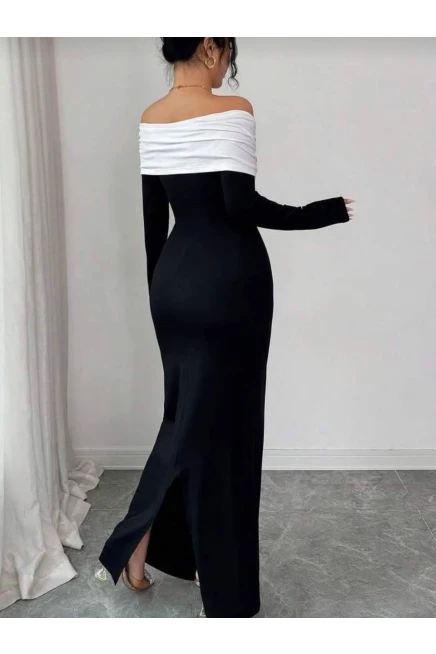 Modal Kumaş Likralı İnci Detaylı Maxi Boy Elbise